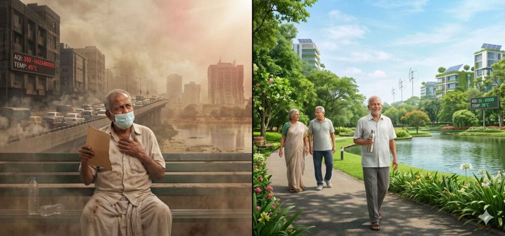 Climate action healthy longevity showing contrasting health outcomes from climate change impacts