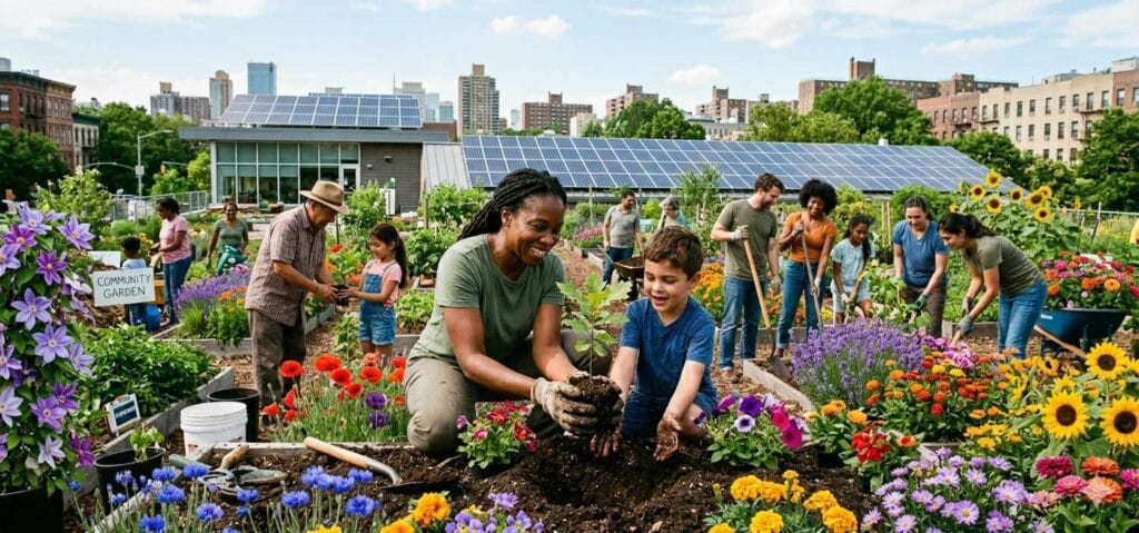 Diverse community members planting trees for World Earth Day 2026 with solar panels in background symbolizing Our Power Our Planet theme