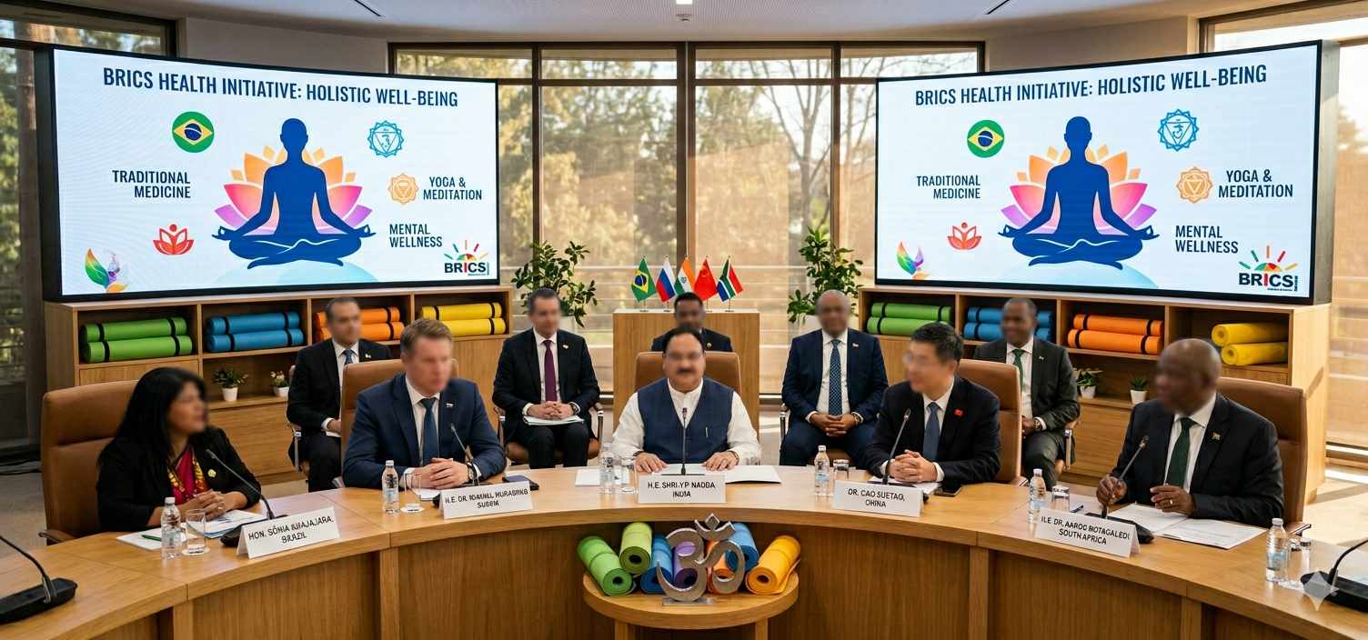 BRICS delegates at conference table discussing wellness initiatives, with yoga and mental health symbols displayed on presentation screens, representing India's lifestyle and mental health advocacy