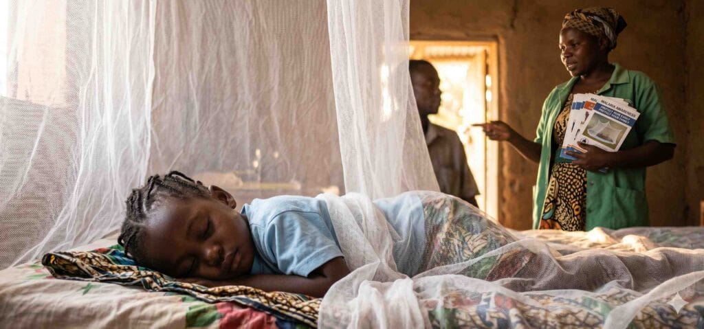 Child sleeping under a mosquito net on World Malaria Day 2026, representing global efforts to end malaria through prevention and awareness