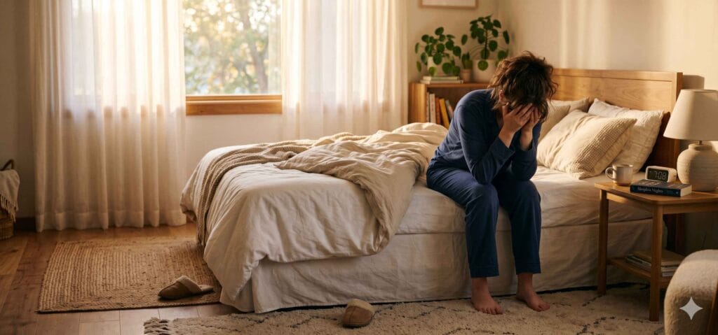 Person sitting on bed looking tired and exhausted after a full night's sleep, wondering why they still feel fatigued