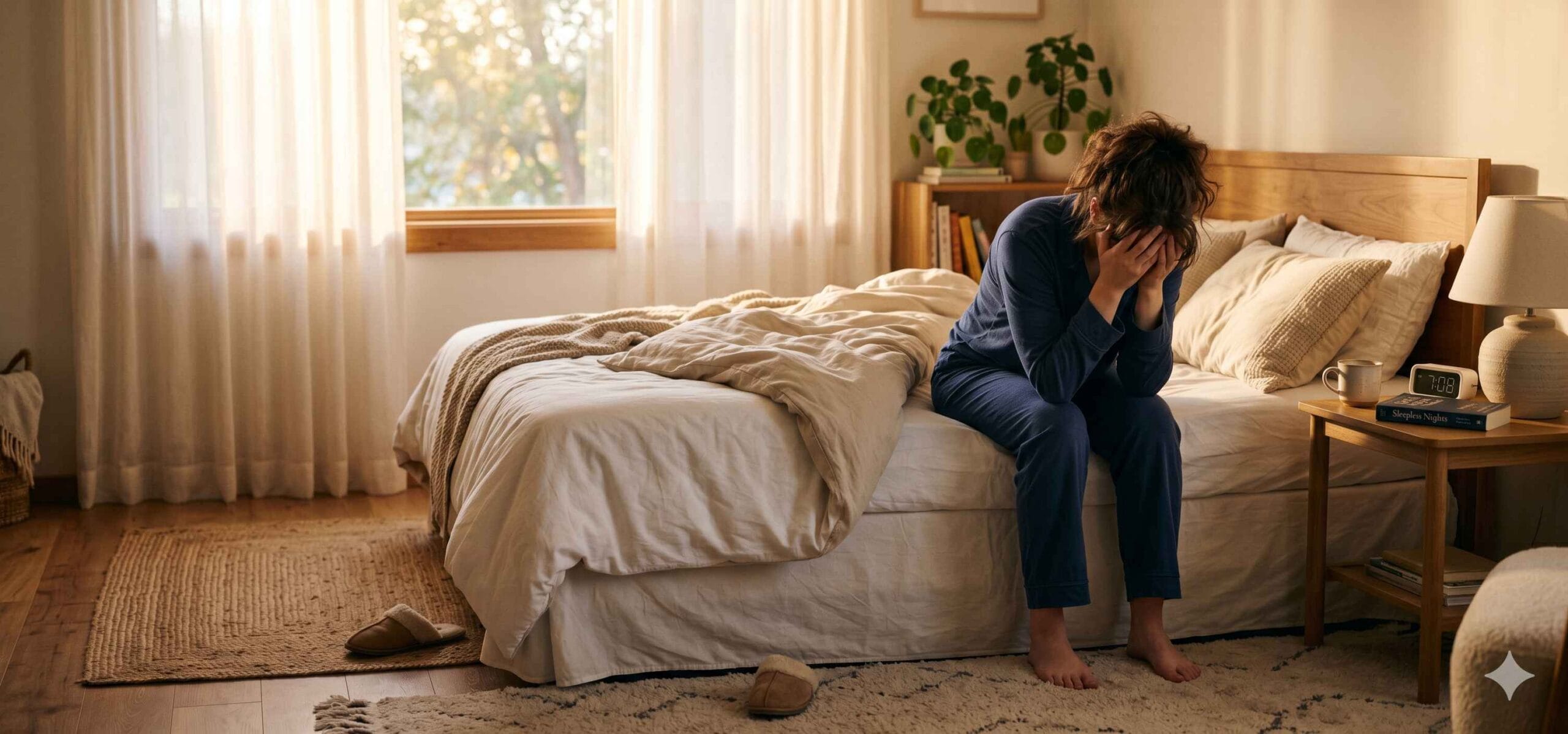 Person sitting on bed looking tired and exhausted after a full night's sleep, wondering why they still feel fatigued