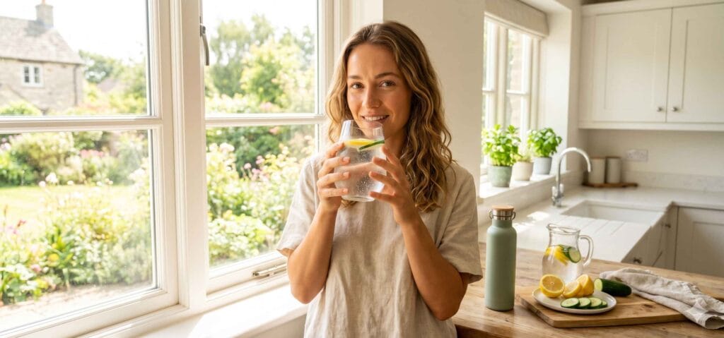 Person drinking a glass of water in a sunny kitchen, checking if they are drinking enough water for daily hydration