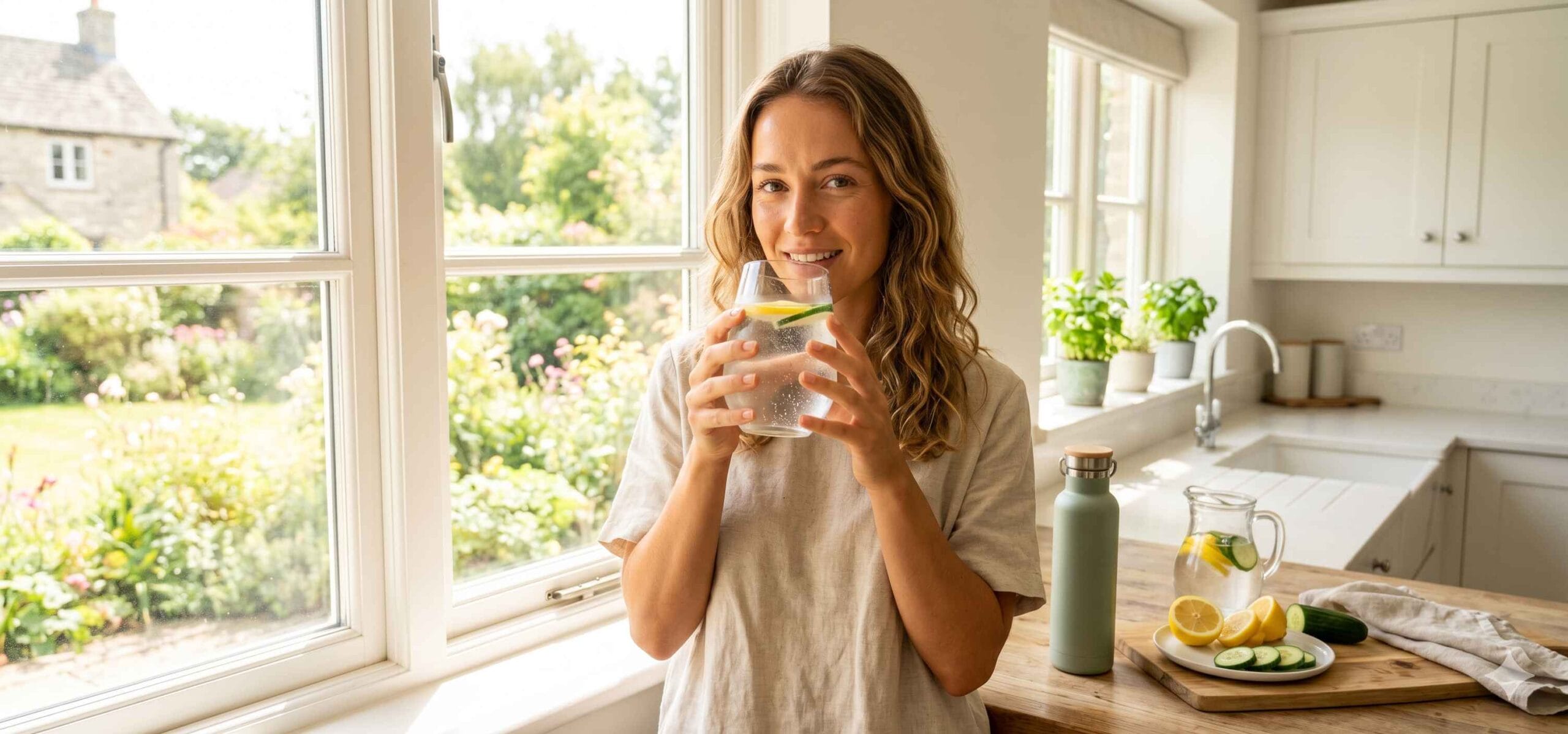 Person drinking a glass of water in a sunny kitchen, checking if they are drinking enough water for daily hydration
