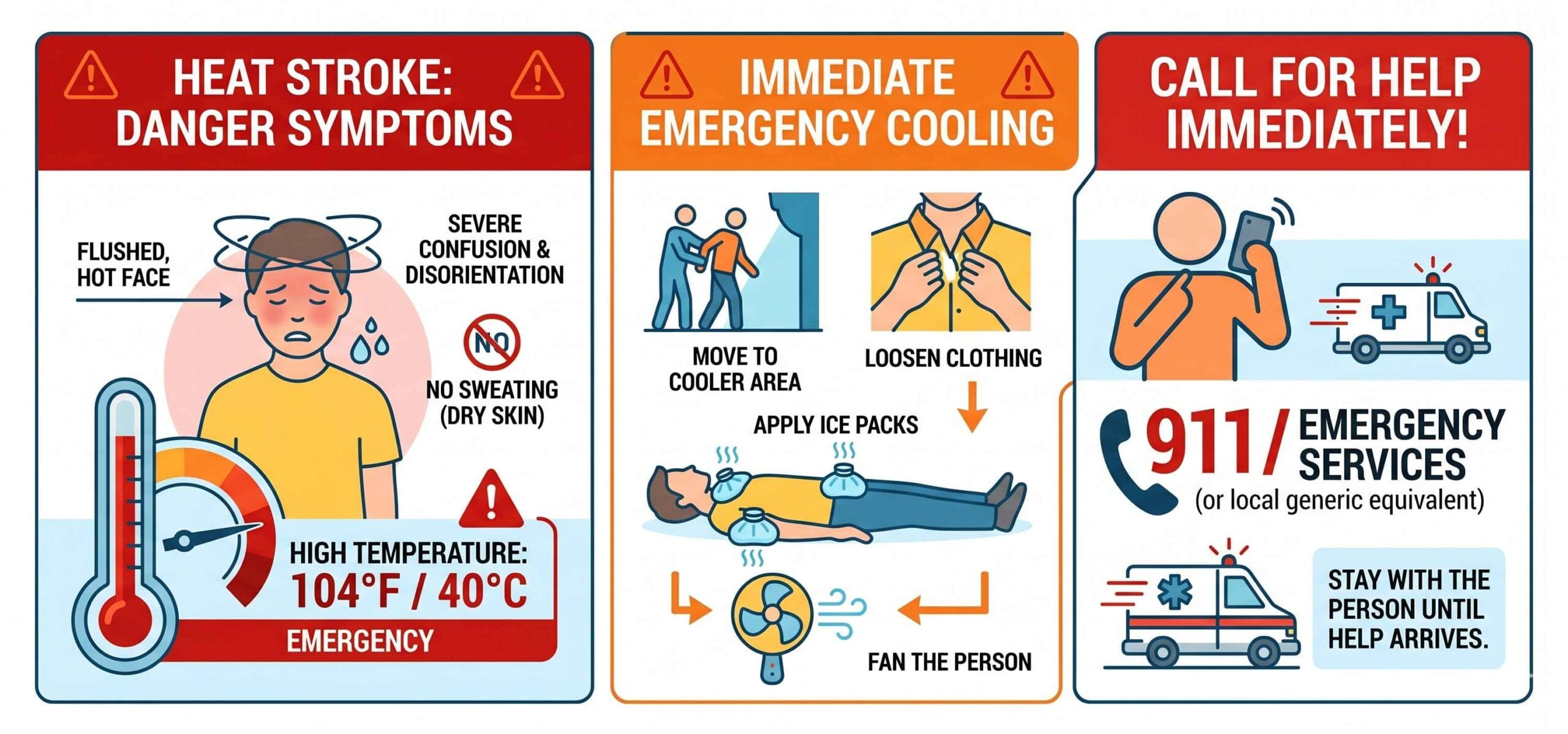 Heat stroke emergency symptoms and first aid cooling techniques showing high body temperature warning signs and immediate treatment steps