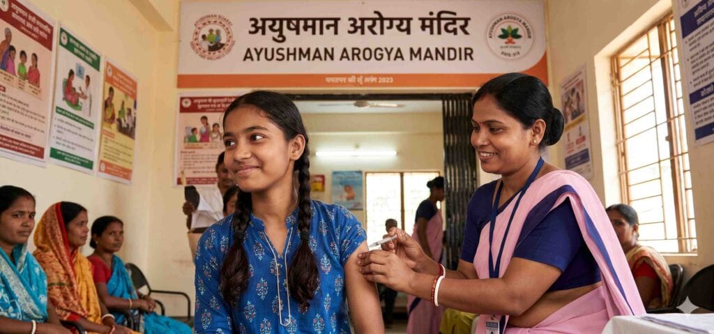 Adolescent Indian girl receiving free HPV Gardasil vaccine at a government health centre under India's national HPV vaccination programme 2026