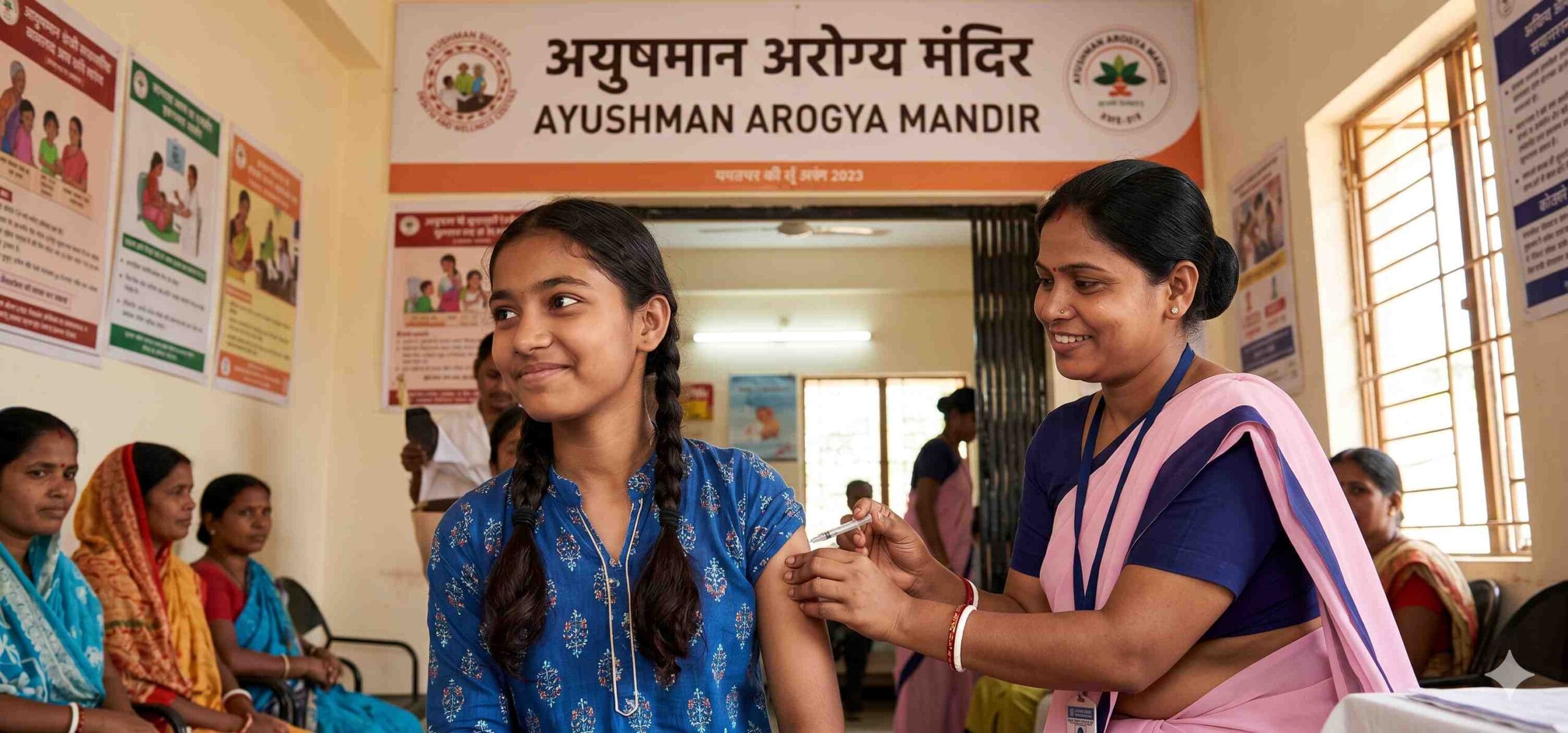 Adolescent Indian girl receiving free HPV Gardasil vaccine at a government health centre under India's national HPV vaccination programme 2026