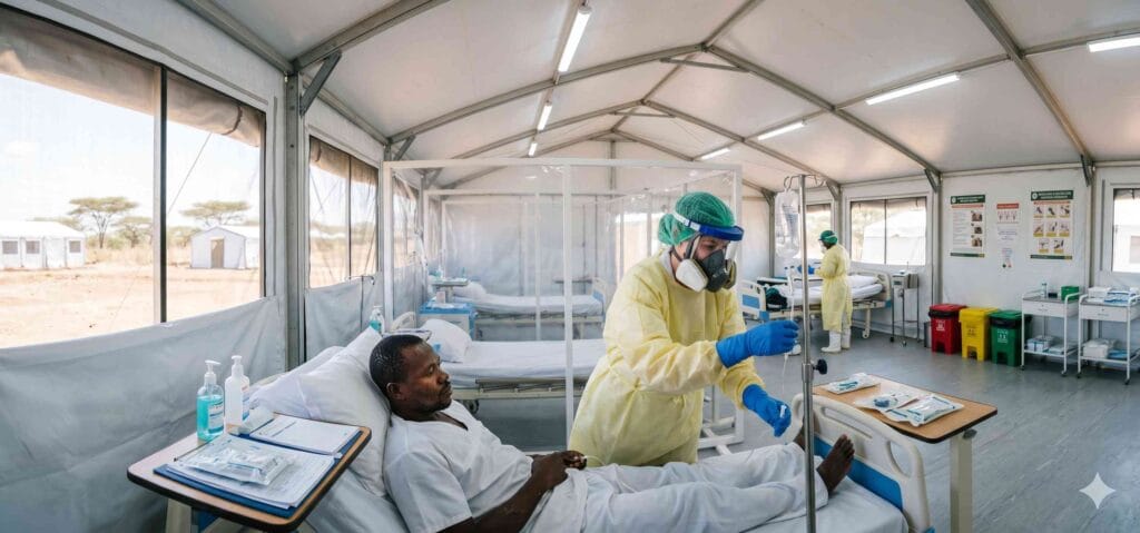 Healthcare worker in full PPE treating an Ebola patient inside a medical treatment unit in sub-Saharan Africa