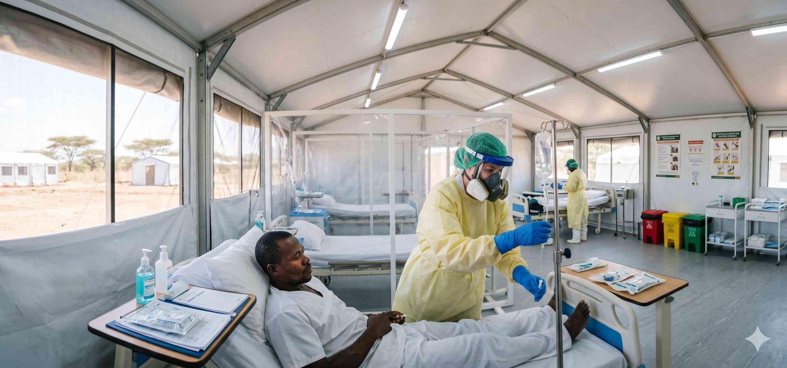 Healthcare worker in full PPE treating an Ebola patient inside a medical treatment unit in sub-Saharan Africa