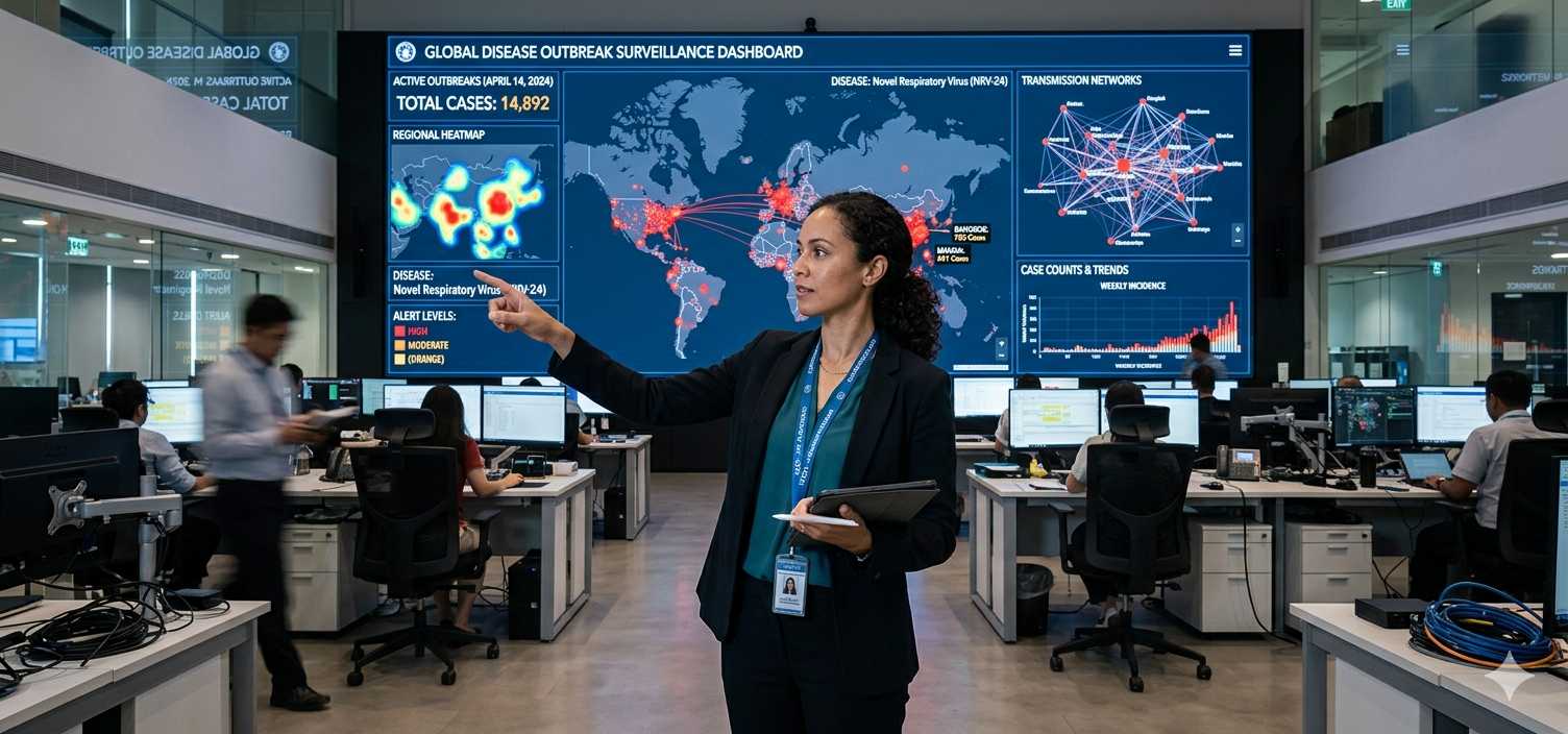 A public health epidemiologist analysing a disease surveillance dashboard showing outbreak patterns and transmission data, representing disease epidemiology and management in action.