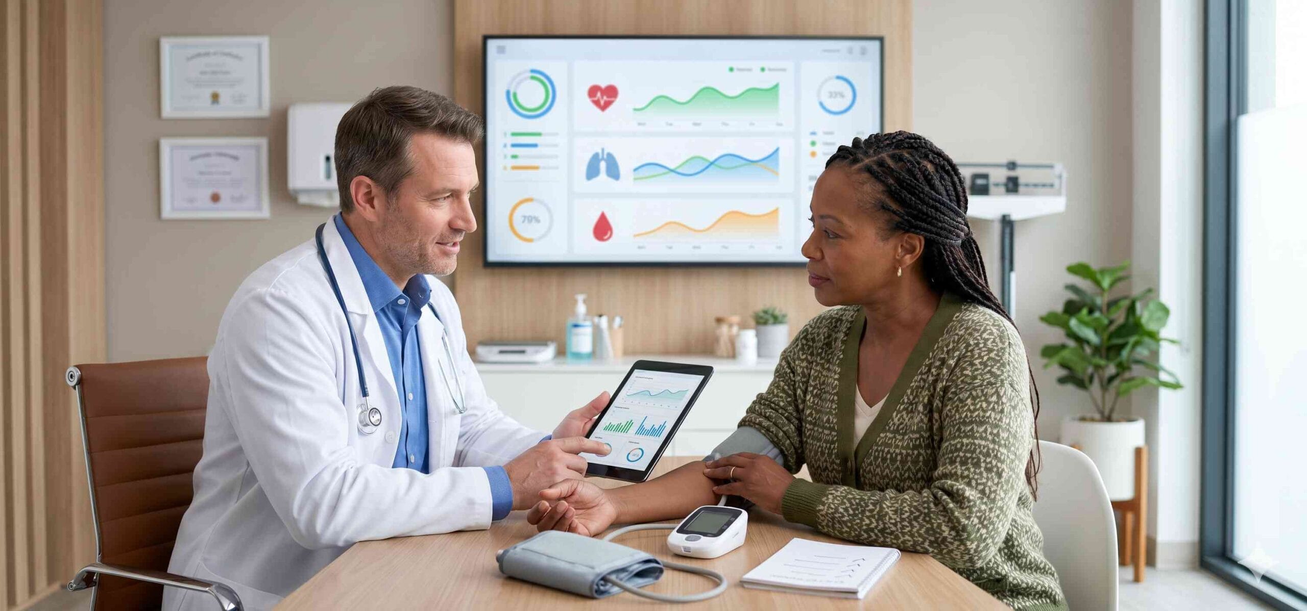 Doctor discussing chronic disease management plan with a patient, representing integrated care for conditions like diabetes, hypertension, and cardiovascular disease