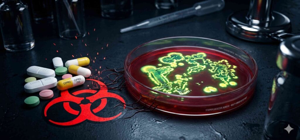 Antibiotic capsules and bacterial culture in a petri dish representing the global antimicrobial resistance (AMR) crisis addressed by the WHO Global Action Plan on Antimicrobial Resistance 2026–2036