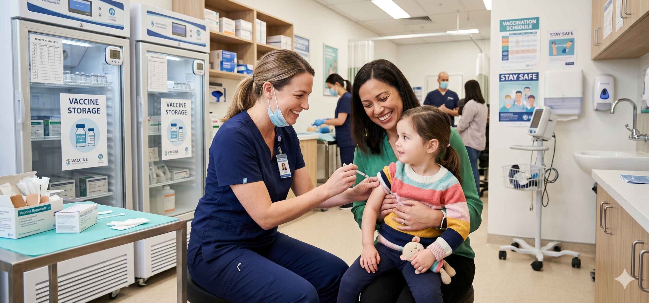 A healthcare worker administering a childhood vaccine at an immunization clinic, illustrating the importance of routine immunization programs.
