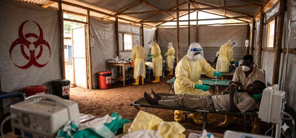 Healthcare workers in PPE treating Bundibugyo Ebola virus disease patients at an isolation unit in DRC during the 2026 outbreak, highlighting the global health equity crisis in neglected tropical diseases