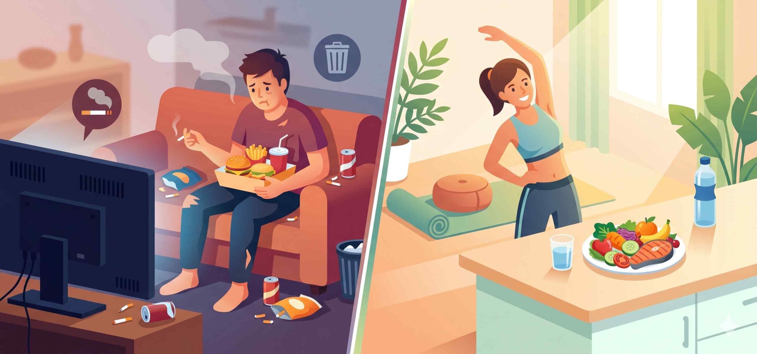 comparing unhealthy lifestyle risk factors such as smoking and inactivity with healthy habits like exercise and balanced nutrition to prevent lifestyle diseases