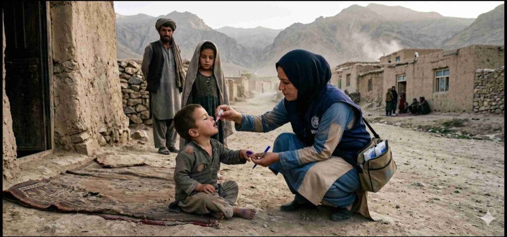 A polio vaccinator administering oral polio vaccine to a young child in Afghanistan during the 2026 national immunisation campaign, as the country battles six confirmed wild poliovirus type 1 (WPV1) cases