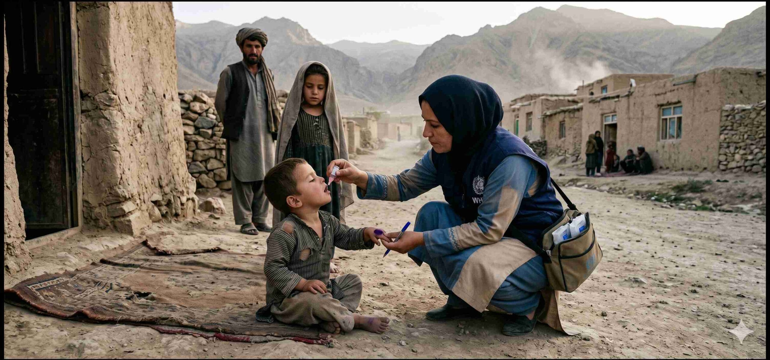 A polio vaccinator administering oral polio vaccine to a young child in Afghanistan during the 2026 national immunisation campaign, as the country battles six confirmed wild poliovirus type 1 (WPV1) cases