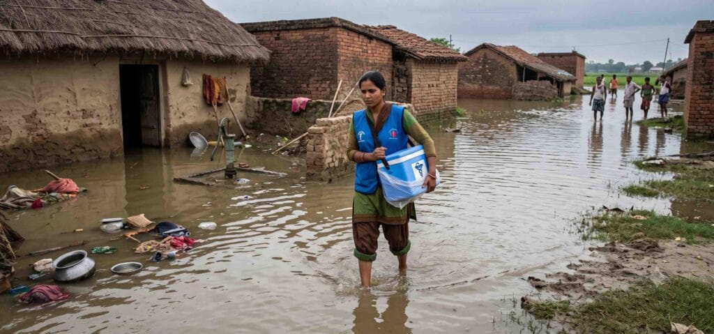 Health worker carrying antivenom through flooded village during monsoon snakebite emergency in rural India