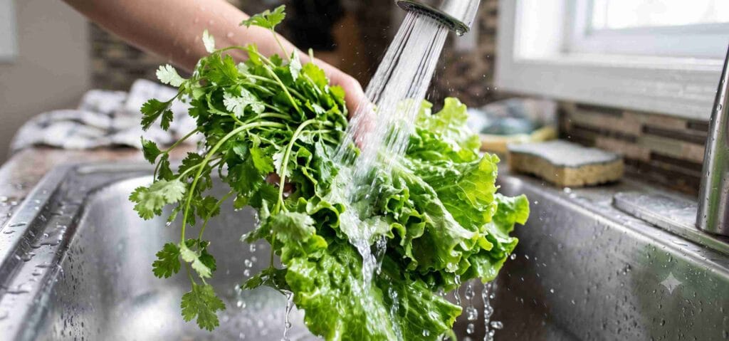 Washing fresh leafy vegetables under running water to prevent Cyclospora parasite contamination