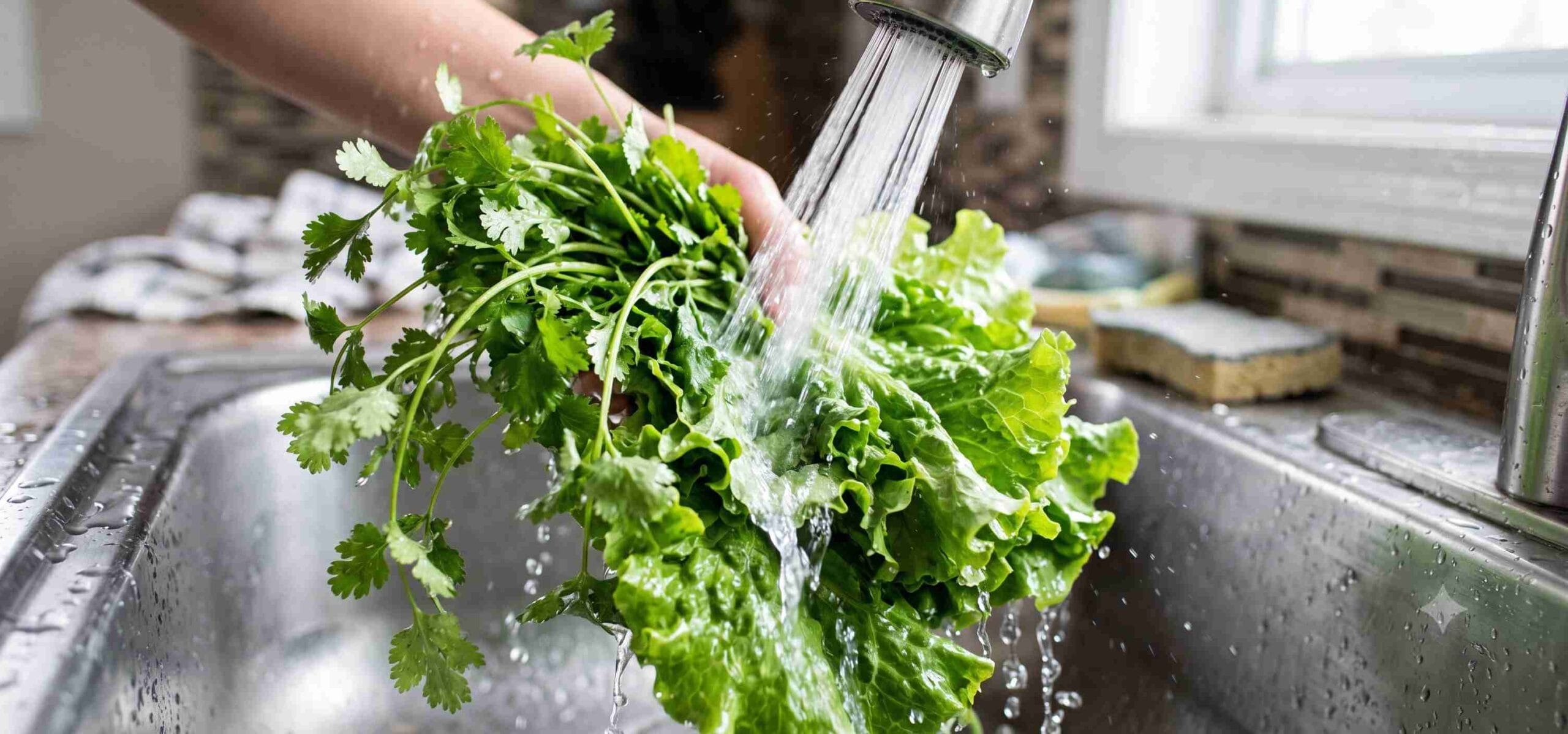 Washing fresh leafy vegetables under running water to prevent Cyclospora parasite contamination