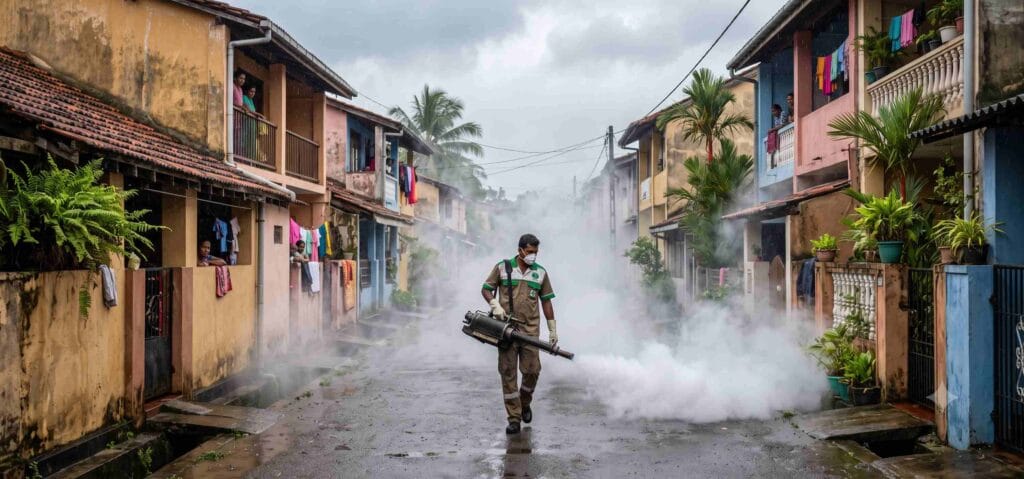 Health worker fumigating residential area to control mosquito breeding during Sri Lanka dengue epidemic
