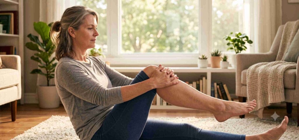 Person stretching stiff knee joint in the morning, a common early symptom of osteoarthritis