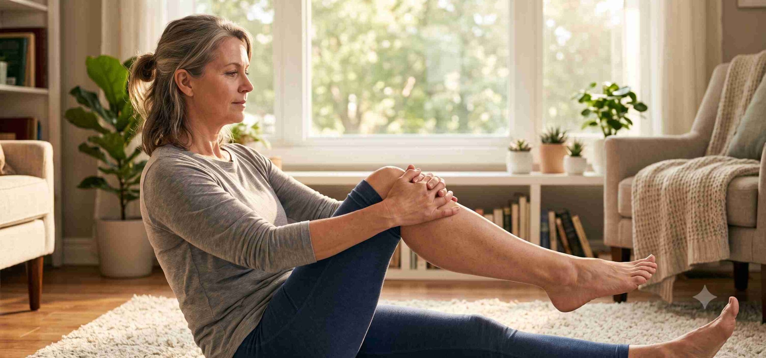 Person stretching stiff knee joint in the morning, a common early symptom of osteoarthritis