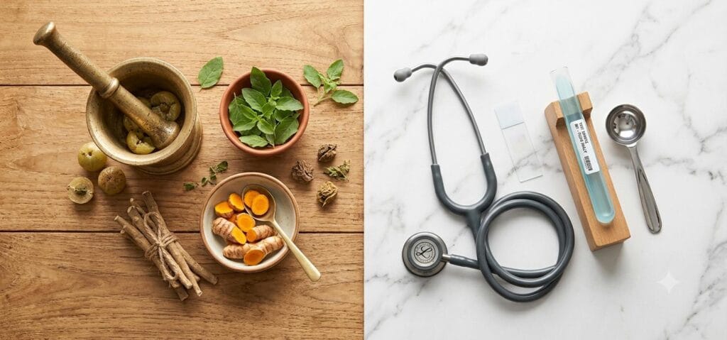 Ayurveda Day 2026 theme image showing Ayurvedic herbs, a brass mortar and pestle, and a stethoscope