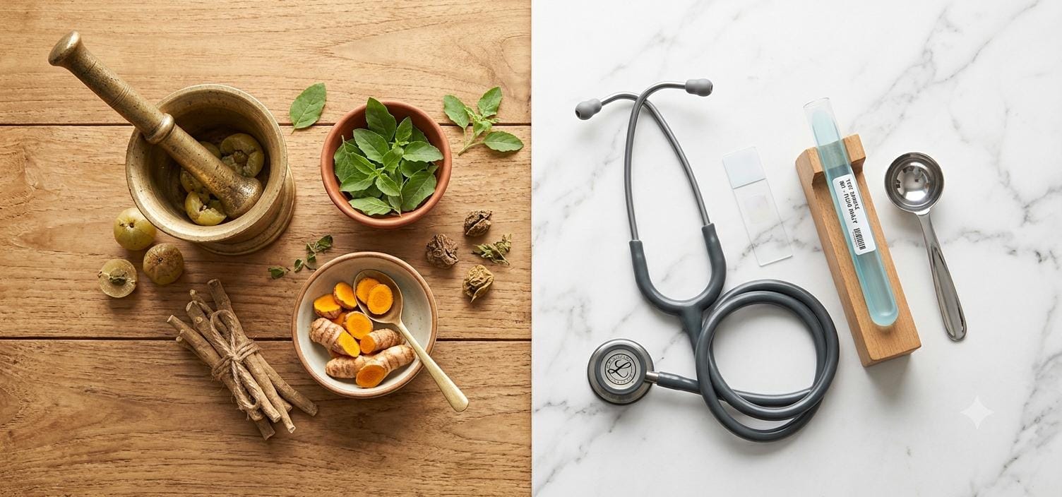 Ayurveda Day 2026 theme image showing Ayurvedic herbs, a brass mortar and pestle, and a stethoscope