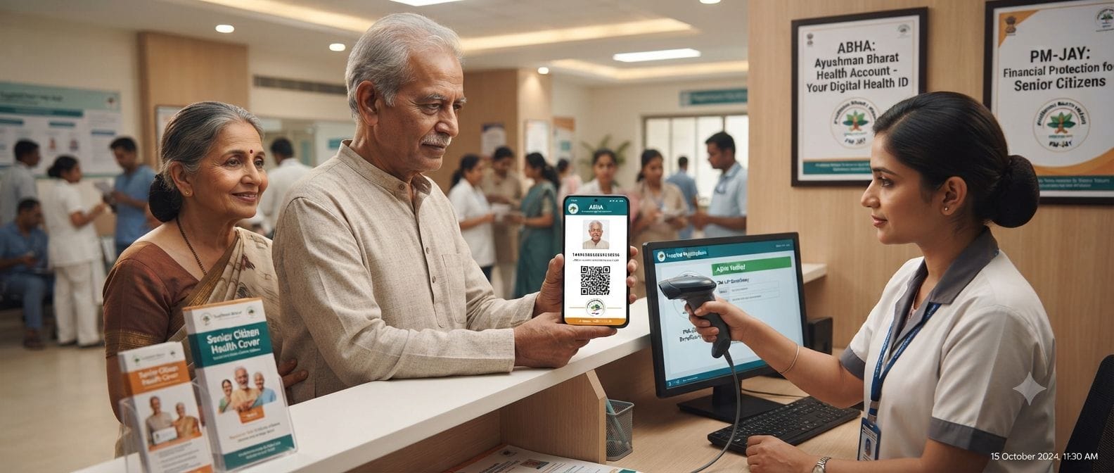 Arogya Manthan 2026 concept image of a senior citizen showing a digital health card on a smartphone at a hospital desk